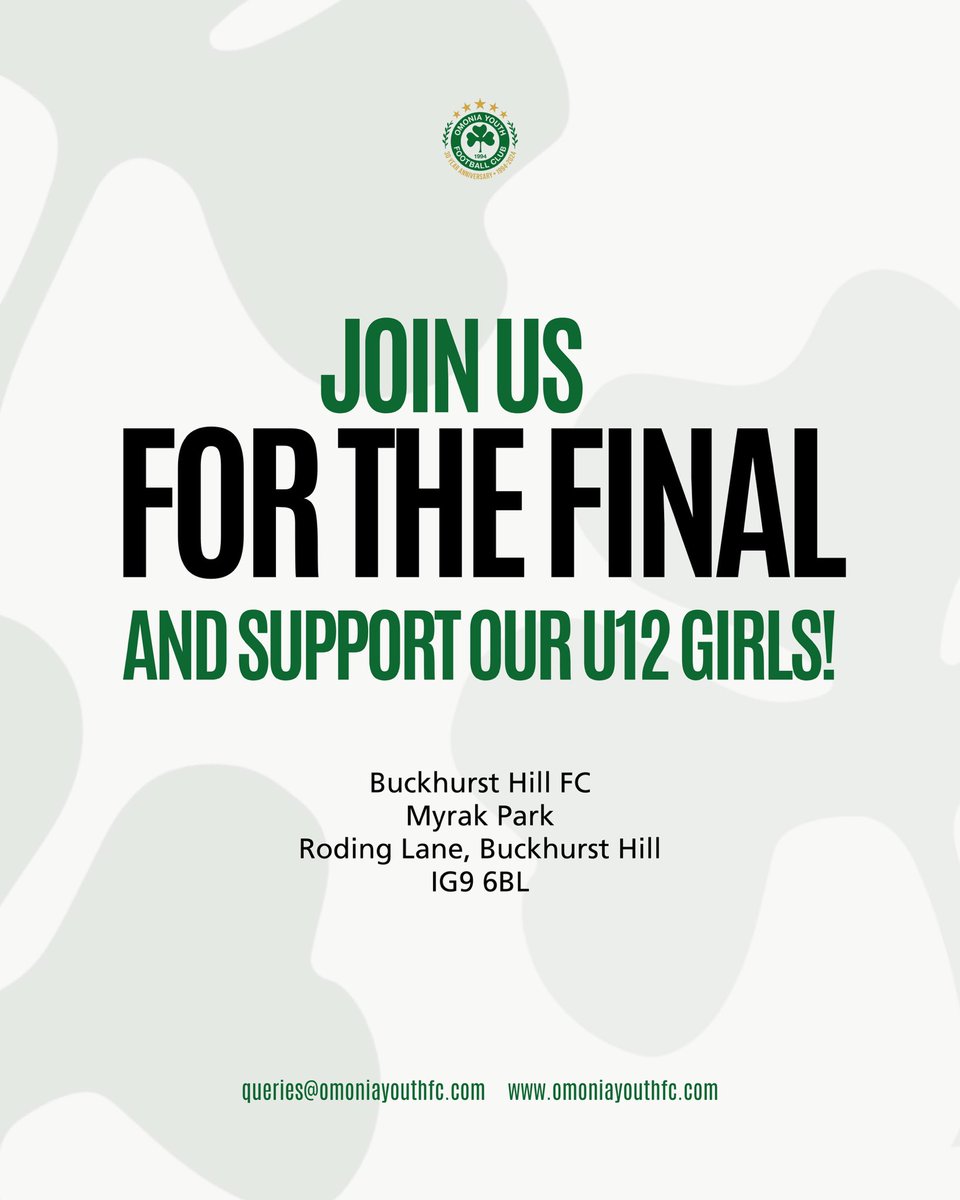 Our U12 Girls White are in the Essex County League President’s Cup Final this Sunday at 13:30 vs Hashtag United U12 Blue!

Join us at Buckhurst Hill FC and show your support — let’s get behind the girls! #OmoniaYouthFC #U12Finals #grassrootsfootball