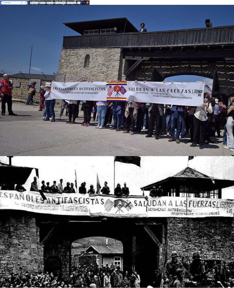 En el 80 aniversario de la liberación del campo de concentración de #Mauthausen familiares de españoles republicanos deportados alzan una reproducción de la pancarta con la que en 1945 los antifascistas españoles saludaron a las fuerzas liberadoras. #MemoriaHistorica