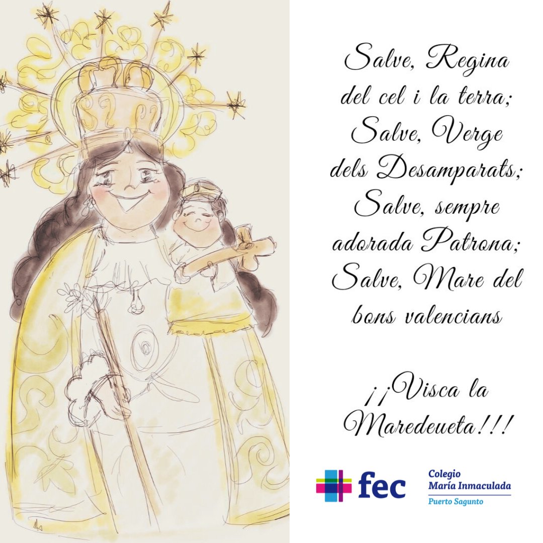 María Inmaculada PS (@fecmips) on Twitter photo Al mes de maig, Feliç día de La Mare de Déu dels Desamparats!!!
♥️"La Geperudeta", patrona de la nostra ciutat de València i mare de tots els valencians.
#AlServiciDeTotsElsValencians
<a href="/pastoralfec/">Pastoral FEC</a>
<a href="/colegiosfec/">FEC (Fundación Educación Católica)</a> Al mes de maig, Feliç día de La Mare de Déu dels Desamparats!!!
♥️"La Geperudeta", patrona de la nostra ciutat de València i mare de tots els valencians.
#AlServiciDeTotsElsValencians
<a href="/pastoralfec/">Pastoral FEC</a>
<a href="/colegiosfec/">FEC (Fundación Educación Católica)</a>