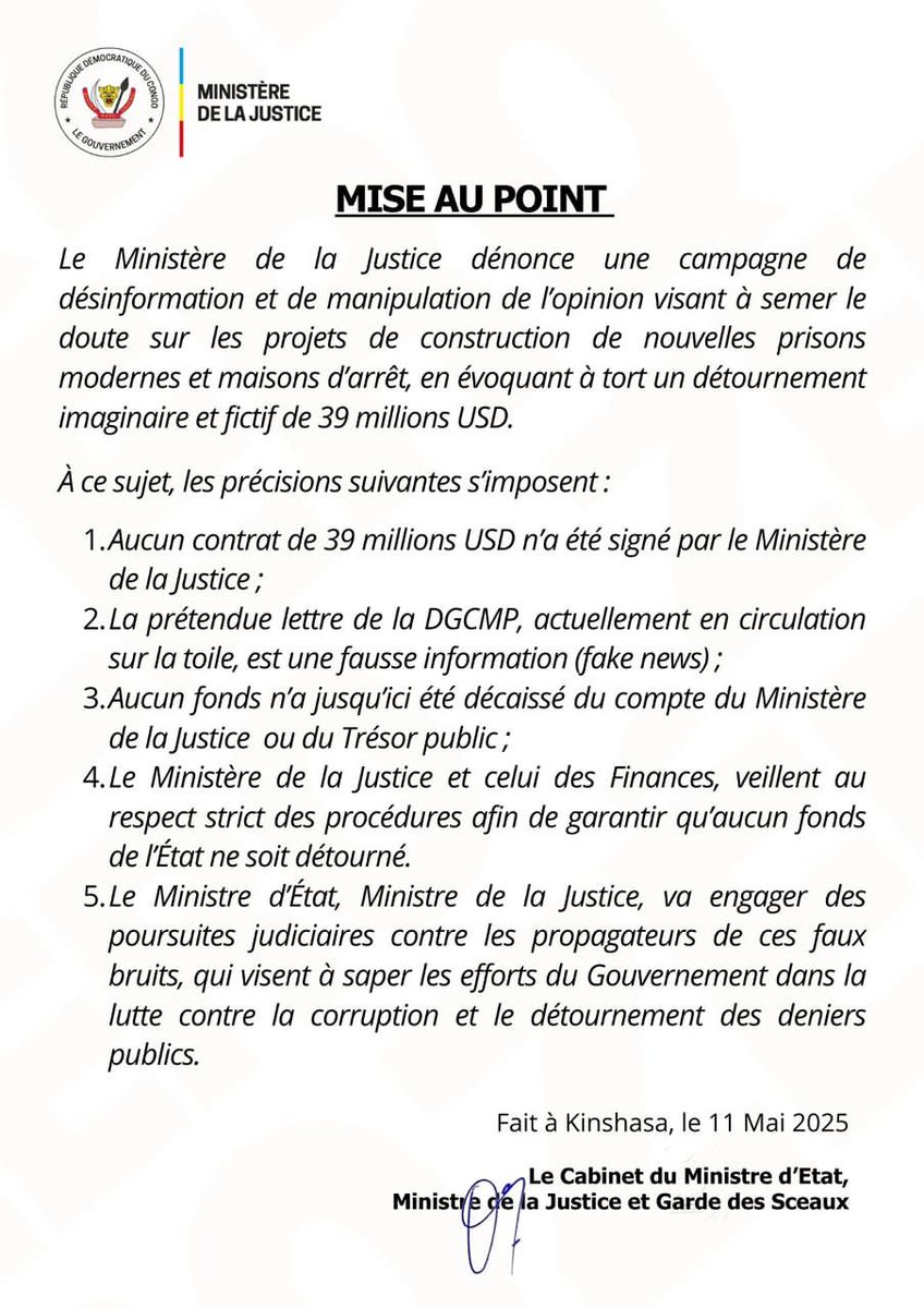 Rumeur sur un prétendu détournement au Ministère de la justice : « manipulation malveillante, il n’existe, à ce jour, aucun contrat de 39 millions USD signé par le ministère (mise au point)
