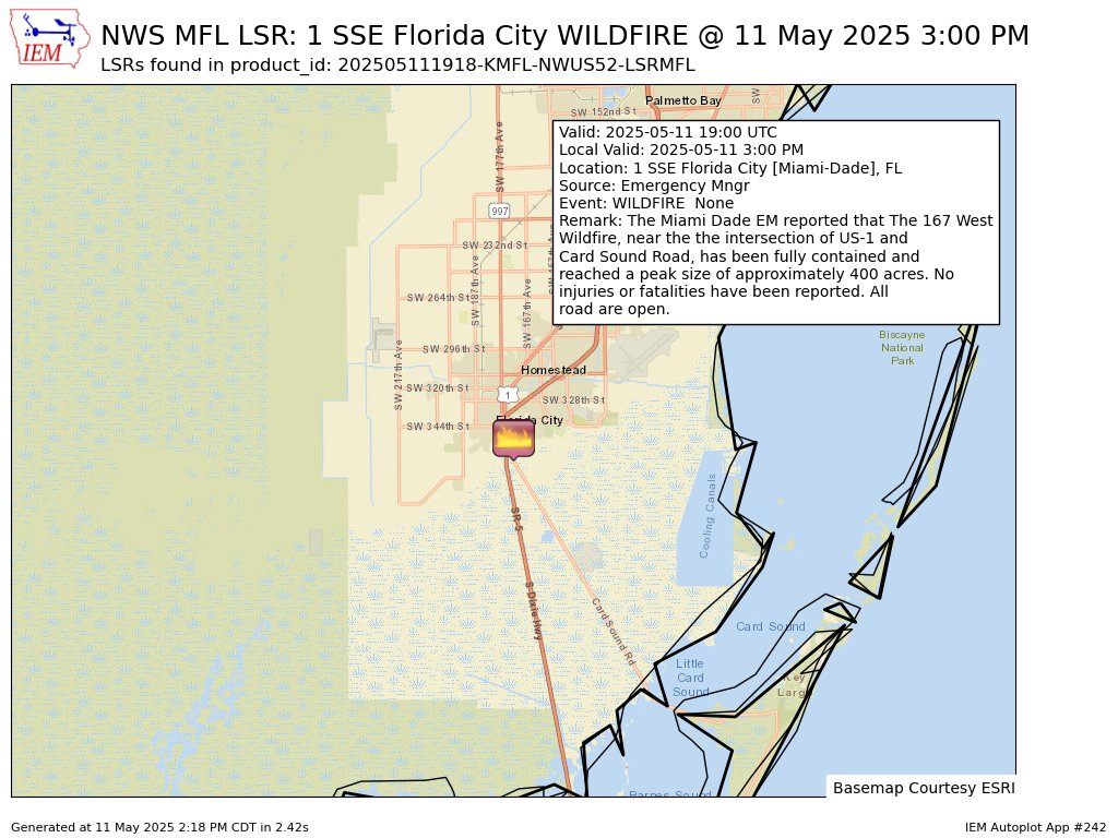 iembot_mfl's tweet photo. At 3:00 PM EDT, 1 SSE Florida City [Miami-Dade Co, FL] Emergency Mngr reports Wildfire. The Miami Dade EM reported that The 167 West Wildfire, near the the intersection of US-1 and Card Sound Road, has been fully contained and reached a peak... #flwx https://t.co/vLz4MXRAlE https://t.co/aJrcTQh1Wg
