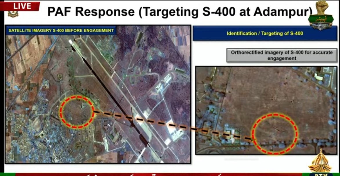 🚨Breaking:
PAF confirmed that we targeted India’s S-400 air defense system with JF-17 Thunder. 
Satellite images of it—before and after—were shown live on TV. 
#operationBunyanUnMarsoos 
#PakistanAirForce 
#S400AirDefenceSystem