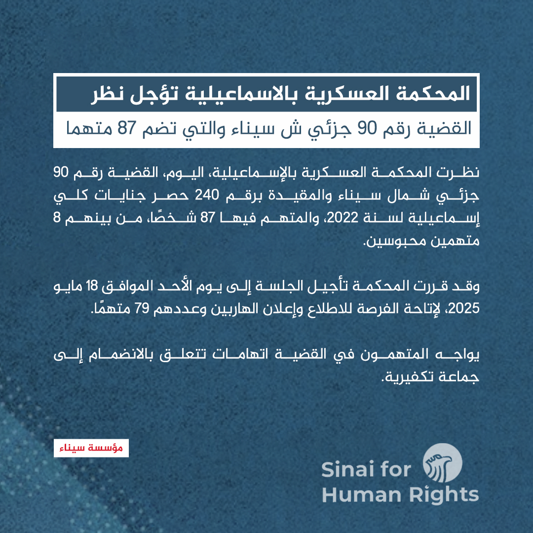 المحكمة العسكرية بالإسماعيلية تؤجل نظر القضية رقم 90 جزئي شمال سيناء والتي تضم 87 متهمًا بينهم 8 محبوسين

نظرت المحكمة العسكرية بالإسماعيلية، اليوم الأحد 11 مايو 2025، القضية رقم 90 جزئي شمال سيناء والمقيدة برقم 240 حصر جنايات كلي إسماعيلية لسنة 2022، والمتهم فيها 87 شخصًا، من