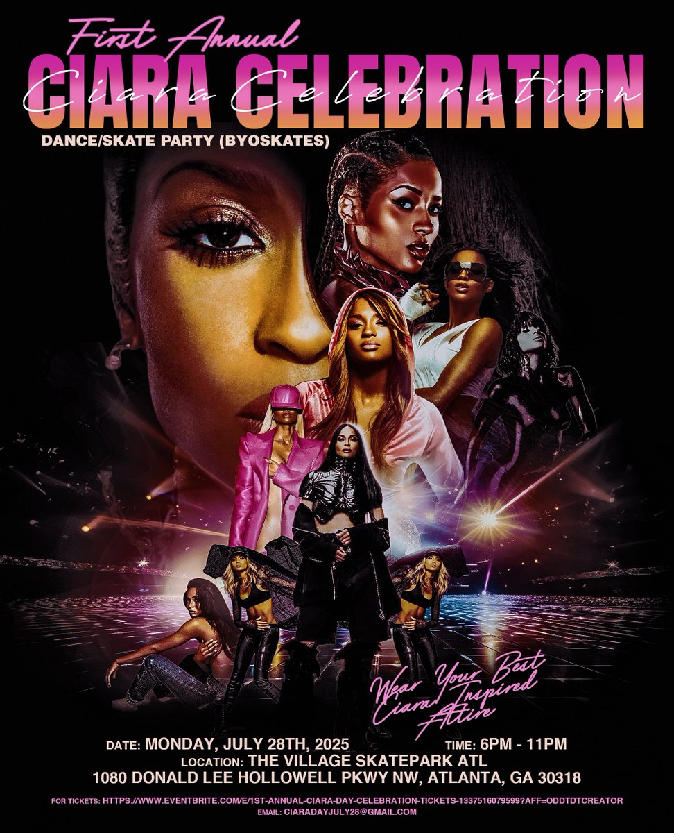 BrittanyLovesC's tweet image. A PARTY IS OFFICIALLY HAPPENING IN ATLANTA THIS YEAR ON CIARA DAY! JULY 28th, 2025! We’re having a Dance/Skate event to celebrate ALL THINGS @ciara !!! 💃🏽🛼🎶 GET YOUR TICKETS NOW & COME DRESSED IN YOUR BEST CIARA ATTIRE! YOU DON’T WANT TO MISS THIS! 😭 eventbrite.com/e/1st-annual-c…