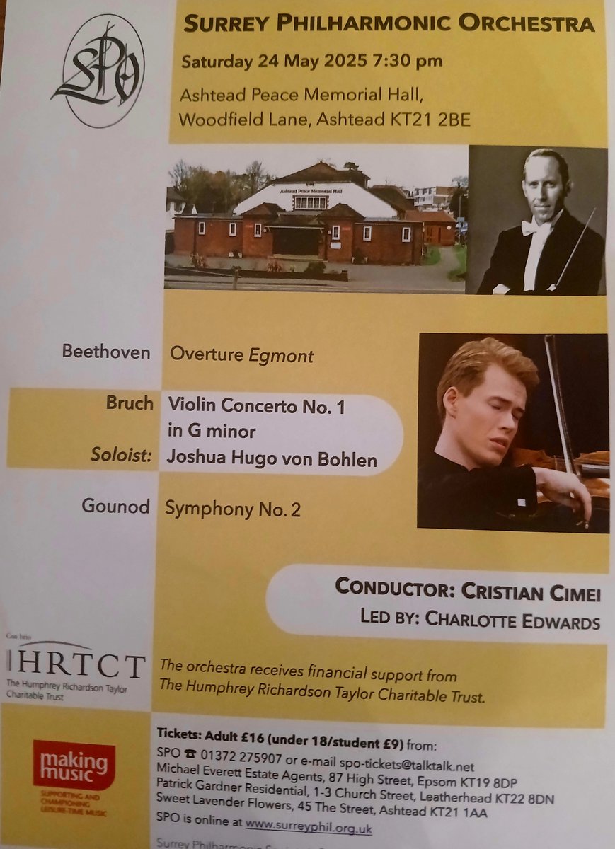 SurreyPhilOrch's tweet photo. Details of our concert here. Our concert is not far away now. Our wonderful Surrey musicians have prepared a varied repertoire for you to enjoy! Our Conductor is Cristian Cimei our Soloist Joshua Hugo von Bohlen and Guest Leader Chalotte Edwards 

#Beethoven #Bruch #Surrey https://t.co/4XgBVAL5UU