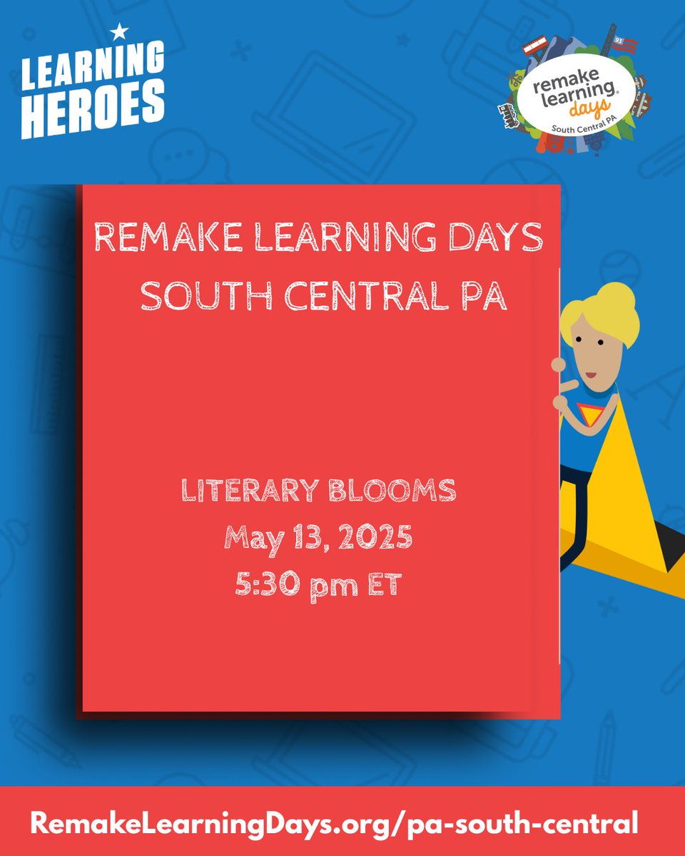 Learning Heroes (@bealearninghero) on Twitter photo 🌸✨Stories are blossoming at Literary Blooms! Join <a href="/RemakeDaysSCPA/">RemakeLearningSCPA</a> for a magical day of reading, creativity, and hands-on fun! Families and young readers will explore literacy through crafts, storytelling, and community activities designed to make learning bloom.
📅 Date: May 🌸✨Stories are blossoming at Literary Blooms! Join <a href="/RemakeDaysSCPA/">RemakeLearningSCPA</a> for a magical day of reading, creativity, and hands-on fun! Families and young readers will explore literacy through crafts, storytelling, and community activities designed to make learning bloom.
📅 Date: May