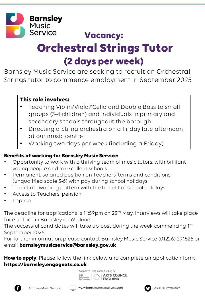 Music:SouthYorkshire (@musicsouthyorks) on Twitter photo The team at <a href="/BarnsleyMusicSv/">Barnsley Music Service</a> are looking for an Orchestral Strings Tutor to work alongside their team in schools!
Deadline: 23rd May
Apply here 👉 barnsley.engageats.co.uk The team at <a href="/BarnsleyMusicSv/">Barnsley Music Service</a> are looking for an Orchestral Strings Tutor to work alongside their team in schools!
Deadline: 23rd May
Apply here 👉 barnsley.engageats.co.uk