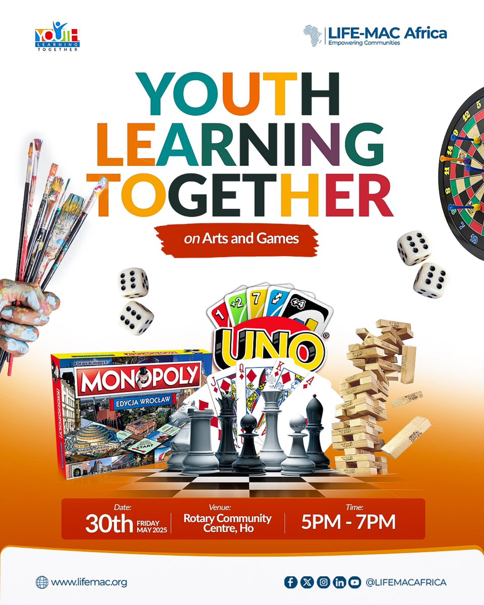 LifeMacAfrica's tweet photo. Join our #YouthLearningTogether on Arts &amp; Games this May. Play, connect, &amp; grow through strategy, logic, &amp; creativity.

Games include Monopoly, HedBanz, Uno, Jenga, Painting &amp; more!

Register now 👉🏾 https://t.co/wQXg0Y4ewO

#LIFEMACAfrica #YLT  #YLTMay #ArtsAndGames #HoCity https://t.co/WvoyF0JuyL