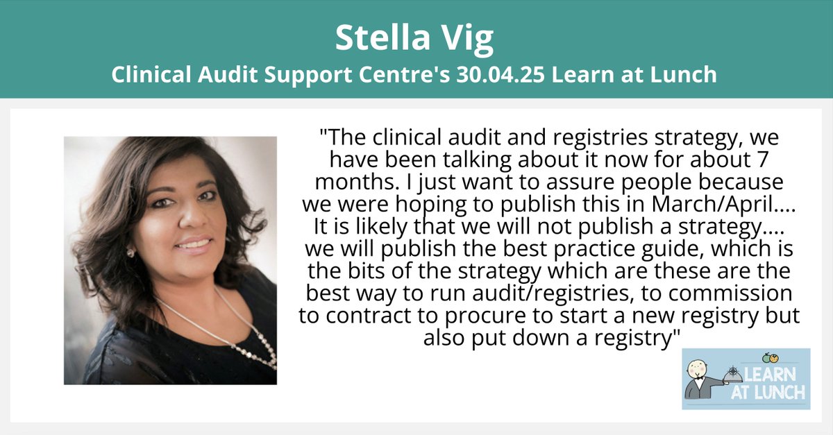 Important news to share with clinical audit and QI professionals. At our Learn at Lunch on 30 April, this was the update <a href="/svig2/">Stella Vig #NHS</a> provided in relation to the planned new national clinical audit strategy. This is now more likely to be a best practice guide for NCAs...