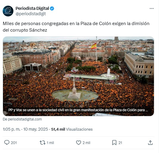 Si un medio de derechas publica la foto real de la manifestación en Colón de ayer solo tiene 7 retuits, si pones una foto de hace 6 años tienes miles de retuits.
El negocio de la mentira se basa en la impunidad y el deseo de la gente que le cuenten lo que quiere, no lo real.