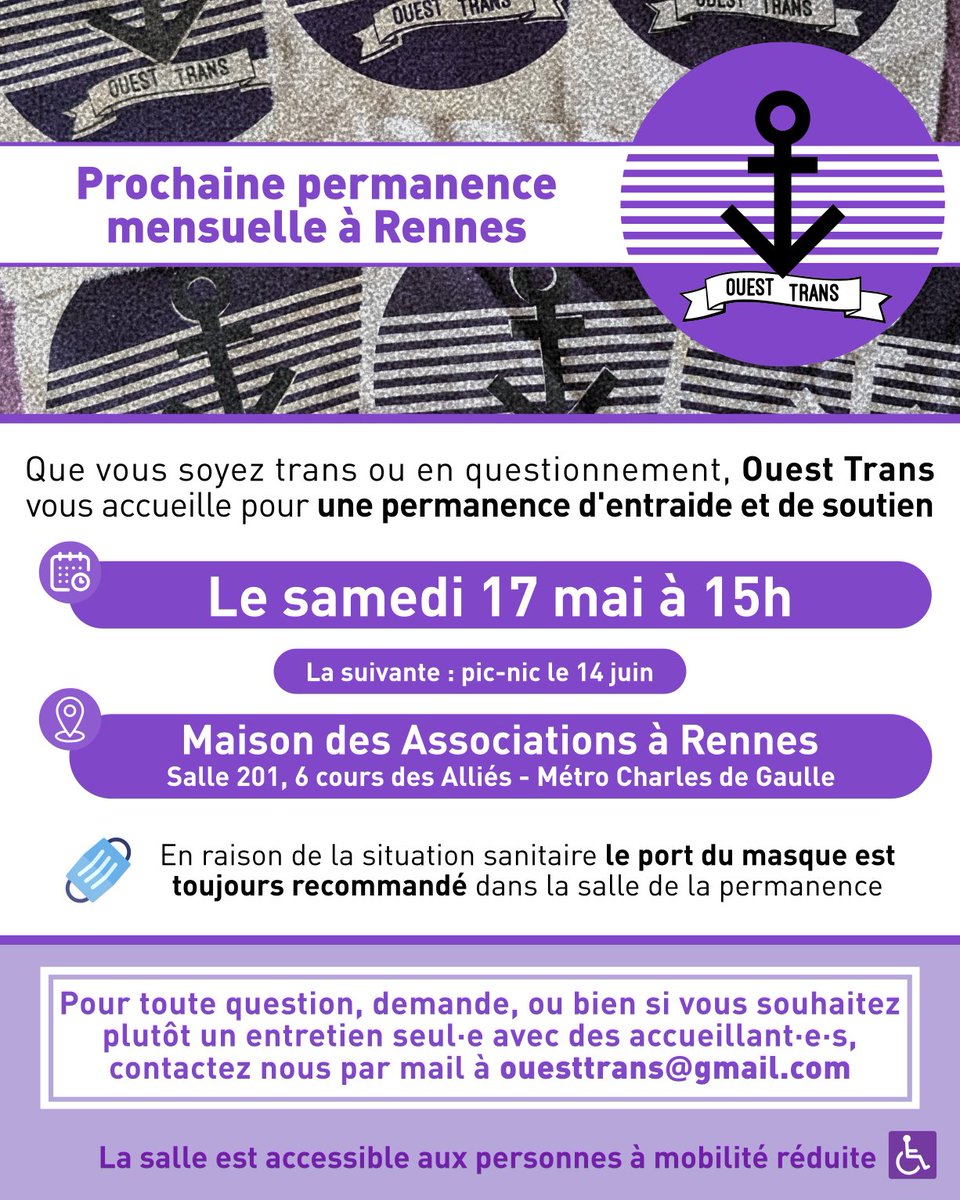 🏳️‍⚧️ PROCHAINE PERMANENCE
RDV à Rennes, le samedi 17 mai prochain, pour un moment entre personnes trans et en questionnement