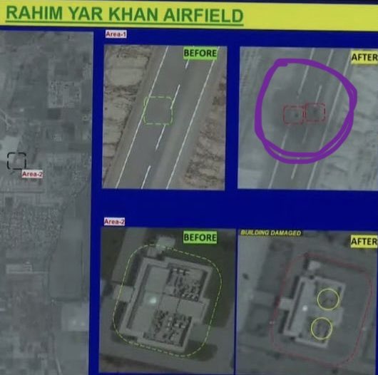 absolutelyslave's tweet photo. Debunking the fake images shared by the Indian media: 👇🏼 (A thread)

The image1 is from RYK-AF, showing two strikes on runway in purple circle. (I put the purple circle deliberately for you to focus). 

1. A normal runway is around 50m wide in our Pakistan for fighter jets. See Image2, and I measured the runway distance which shows 50m. 

2. The image1 shows 2 strikes on runway (half of it not complete width of runway; which makes runway 12.5m with 2 strikes) 

3. WHICH MISSILE ON EARTH IMPACTS WITH JUST 12.5m WIDTH IMPACT? AND THAT TOO WITH 2 STRIKES?

Indian govt. at its best to create fake narrative. And illiterate Indians buying it effortlessly. 

#ISPR #PakistanZindabad