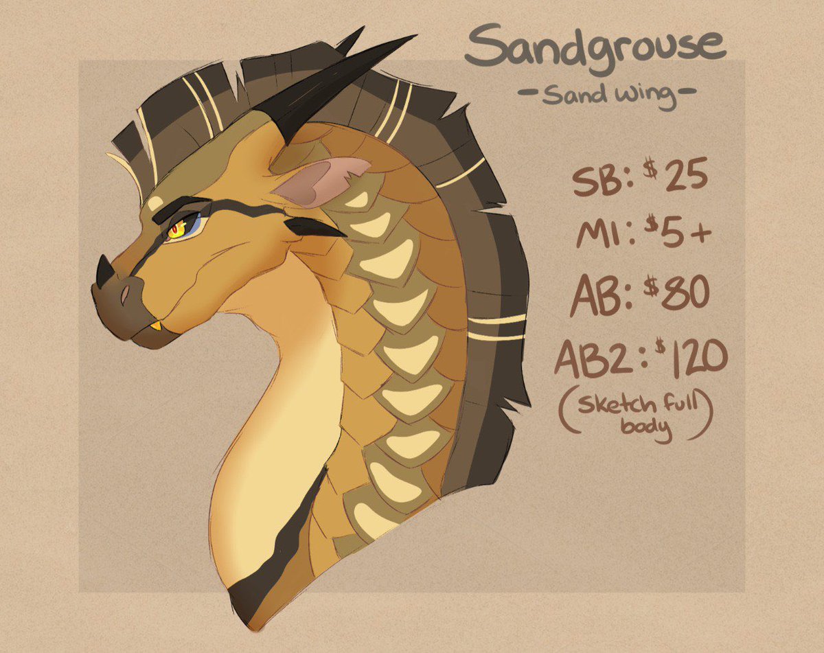Starting a huge adopt challenge. Starting with the Sandwings! 

Sandgrouse is available!

Sb: 25
Mi: 5 or more 
Ab: 80
Ab2: 120 (comes with a full body design)

Ends in 24-48 hours! PM or reply to the highest bid to offer!