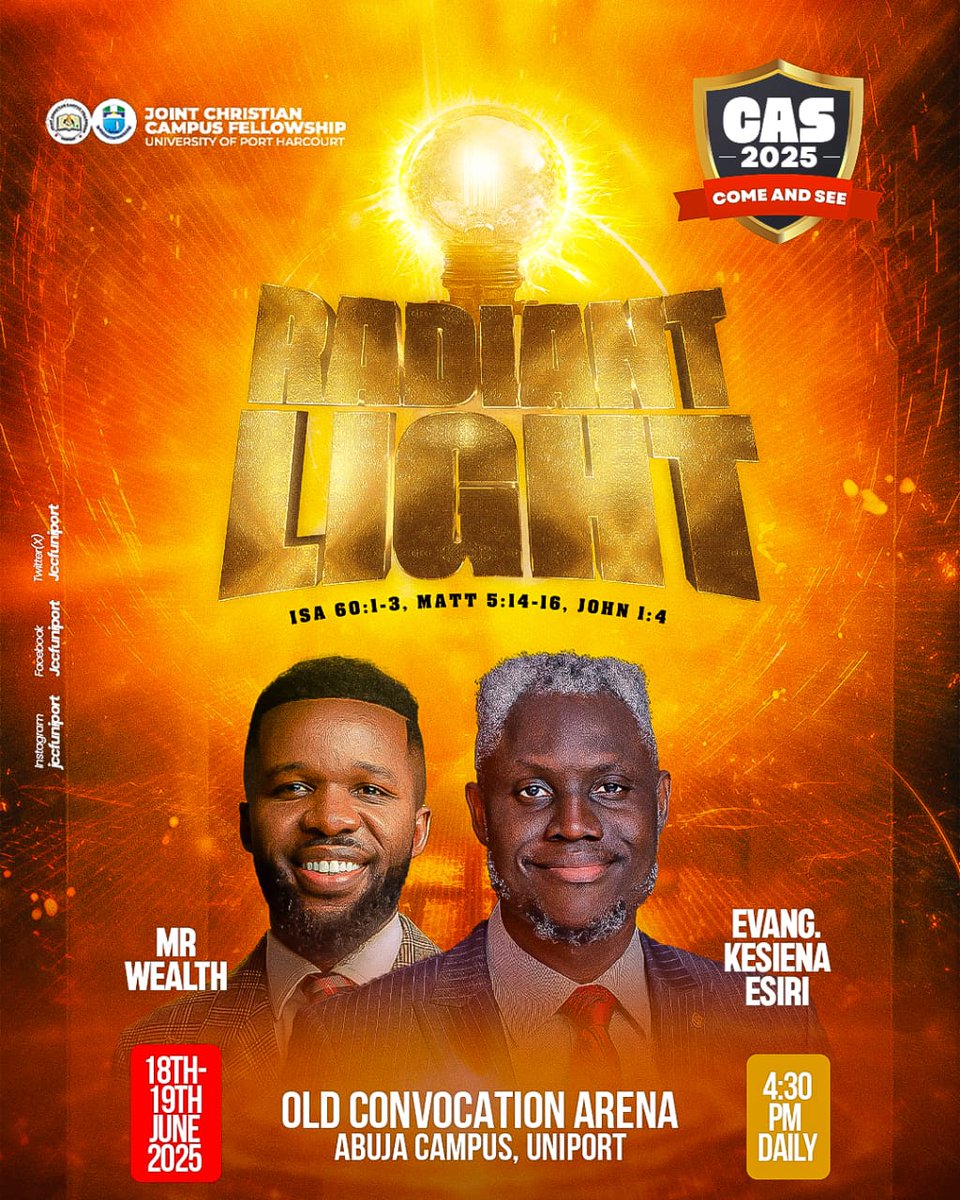 jccf_uniport's tweet photo. The Force Combo! Double Impact
The atmosphere is charged, the heavens are open! Get ready for a life-changing moment as Mr. Wealth and Evang. Kesiena Esiri lead us into deep worship and the word. This is your moment .
COME AND SEE!
#CAS'25
#RADIANTLIGHT
#JCCFUNIPORT https://t.co/i3LWifSWD3