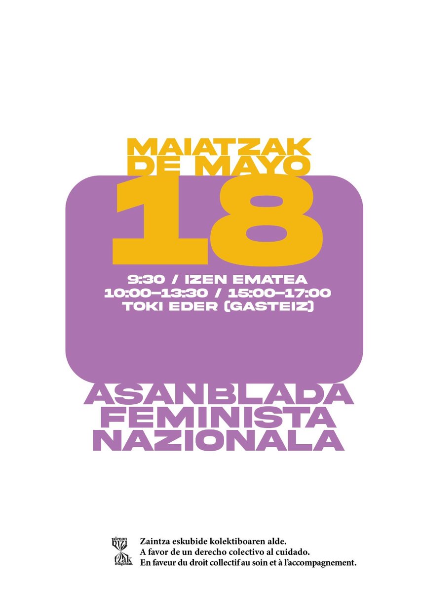 💥Bagoaz!

𝐀𝐒𝐀𝐍𝐁𝐋𝐀𝐃𝐀
𝐅𝐄𝐌𝐈𝐍𝐈𝐒𝐓𝐀
𝐍𝐀𝐙𝐈𝐎𝐍𝐀𝐋𝐀

🗓Maiatzak 18 de mayo!

ASAMBLEA 
FEMINISTA
NACIONAL

📍Toki Eder Ikastola
(Gasteiz)

Eman izena ⬇️ apúntate 
labur.eus/M18AsanbladaFe…