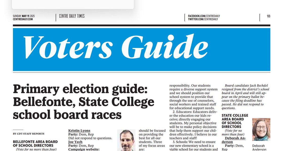 In today's <a href="/centredaily/">Centre Daily Times</a>: Your Voters Guide to the May 20 municipal primary, compiled by <a href="/LWVcentrecounty/">CCLWV</a>.  centredaily.com/news/politics-…