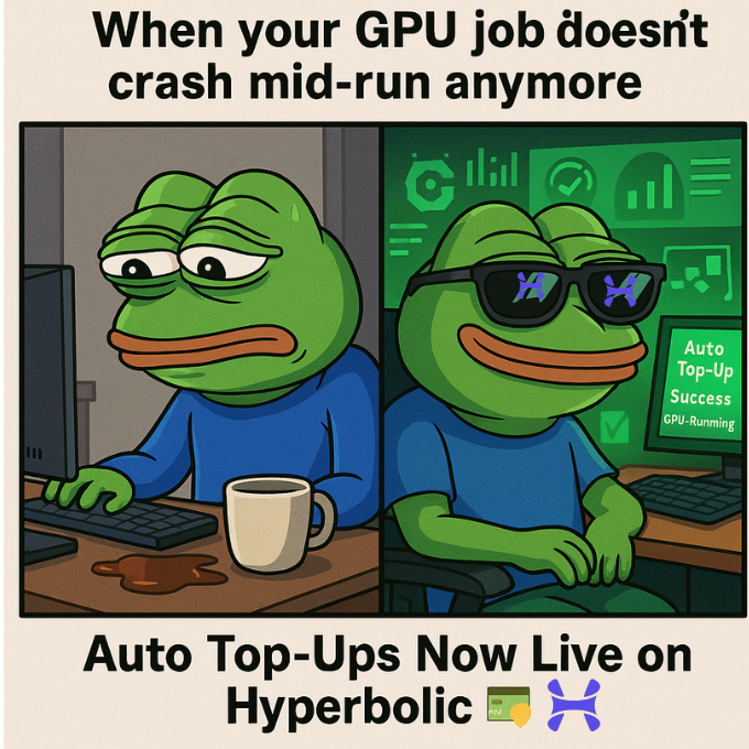 luniva19's tweet photo. 💳 No balance? No problem. with @hyperbolic_labs
Auto Top Ups are live keep your jobs running, GPUs spinning, and ideas flowing.
Zero downtime. Total control.
→ Set it once, build nonstop:
https://t.co/bY8WEcKfxT
#Hyperbolic #AIInfra #AutoTopUp #GPUMarketplace #DevTools