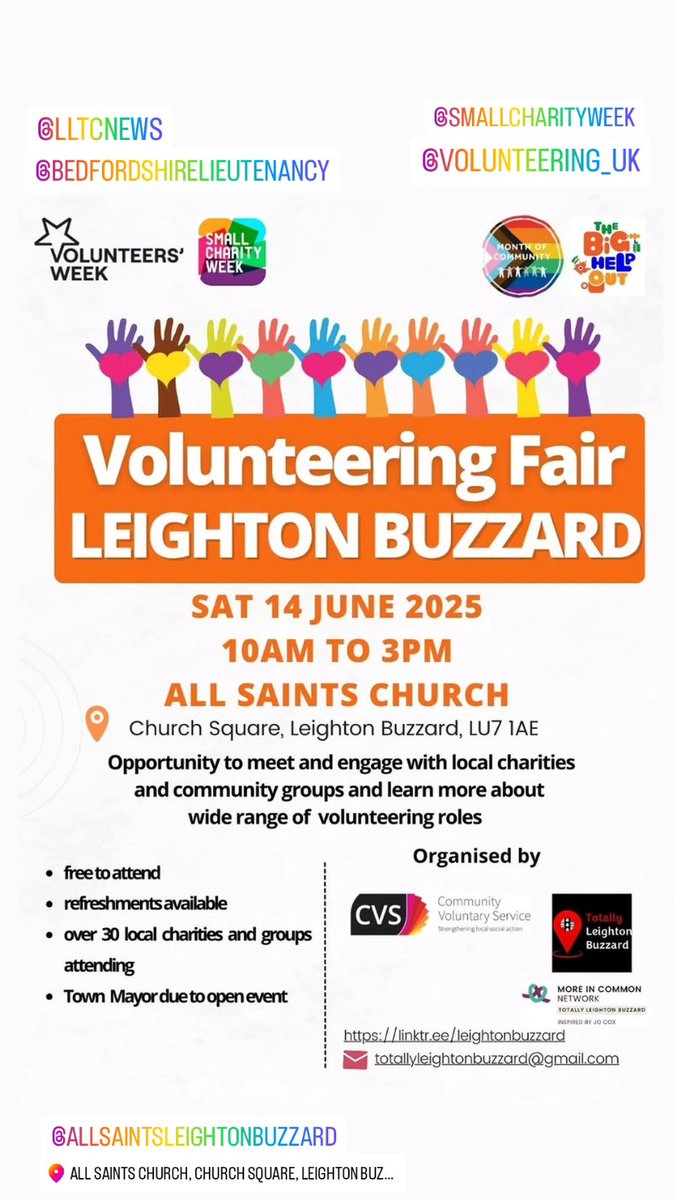 TotallyLeightonBuzzard (@totallylocal_lb) on Twitter photo Please put date in your diary for 3rd annual Volunteering Fair LB to learn more about volunteering opportunities with lots of local #volunteering groups on Saturday 14 June 10am to 3pm in person at <a href="/allsaintsLB/">All Saints Church</a>
<a href="/VolunteersWeek/">Volunteer's Week</a> <a href="/LLTCNews/">Leighton-Linslade TC</a> <a href="/LLieutenantBeds/">Lord-Lt Bedfordshire</a> <a href="/CVSBeds/">CVS in Bedfordshire</a> Please put date in your diary for 3rd annual Volunteering Fair LB to learn more about volunteering opportunities with lots of local #volunteering groups on Saturday 14 June 10am to 3pm in person at <a href="/allsaintsLB/">All Saints Church</a>
<a href="/VolunteersWeek/">Volunteer's Week</a> <a href="/LLTCNews/">Leighton-Linslade TC</a> <a href="/LLieutenantBeds/">Lord-Lt Bedfordshire</a> <a href="/CVSBeds/">CVS in Bedfordshire</a>