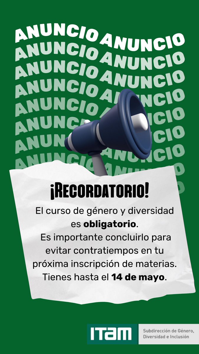 Horacio Vives Segl (@hvivessegl) on Twitter photo Eventos <a href="/DAE_ITAM/">Asuntos Estudiantiles ITAM</a> <a href="/ITAM_mx/">ITAM</a> en la semana que inicia
Lunes 12: Última conferencia de salud semestre Primavera 2025
Martes 13: Desayuno promoción carrera atlética 1/junio
Miércoles 14: Límite para responder en Canvas el curso de género
<a href="/elsupuesto/">El Supuesto</a> <a href="/ExITAM/">ExITAM</a> <a href="/CPoliticaITAM/">CienciaPolítica ITAM</a> <a href="/RRII_ITAM/">Relaciones Internacionales ITAM</a> Eventos <a href="/DAE_ITAM/">Asuntos Estudiantiles ITAM</a> <a href="/ITAM_mx/">ITAM</a> en la semana que inicia
Lunes 12: Última conferencia de salud semestre Primavera 2025
Martes 13: Desayuno promoción carrera atlética 1/junio
Miércoles 14: Límite para responder en Canvas el curso de género
<a href="/elsupuesto/">El Supuesto</a> <a href="/ExITAM/">ExITAM</a> <a href="/CPoliticaITAM/">CienciaPolítica ITAM</a> <a href="/RRII_ITAM/">Relaciones Internacionales ITAM</a>