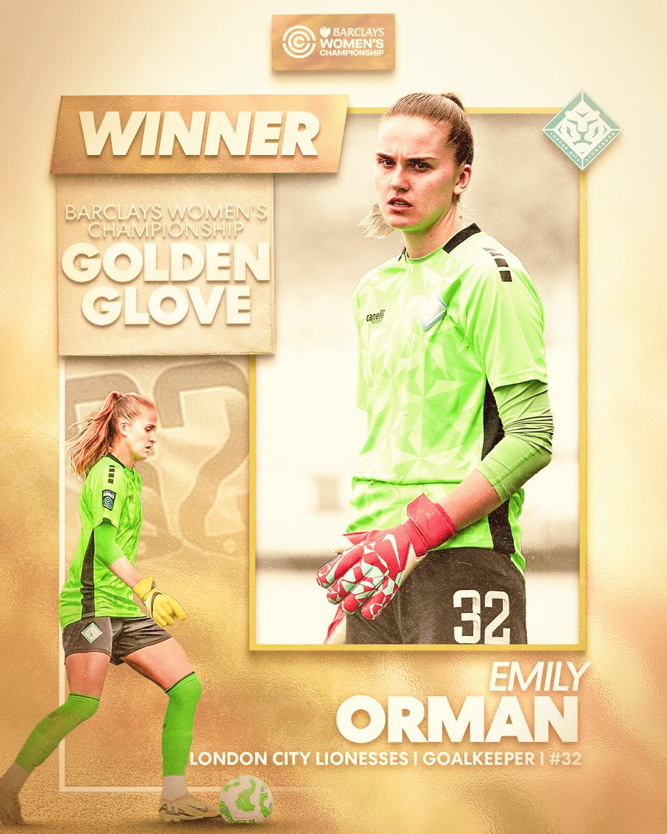 Barclays Women’s Championship (@barclayswc) on Twitter photo A wall in between the sticks for <a href="/LC_Lionesses/">London City Lionesses</a> 🧱
Emily Orman is the 2024-25 #BarclaysWC Golden Glove winner! 🧤 A wall in between the sticks for <a href="/LC_Lionesses/">London City Lionesses</a> 🧱
Emily Orman is the 2024-25 #BarclaysWC Golden Glove winner! 🧤