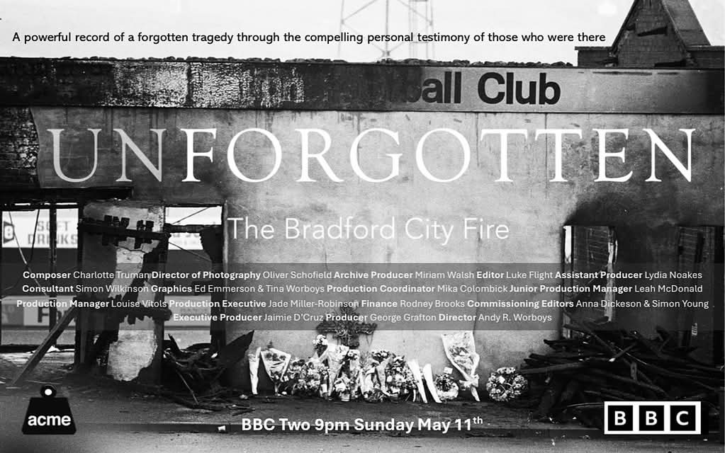 ewwalgrove's tweet photo. On Sunday 11th May 2025, at 9pm on BBC Two and BBC iPlayer a powerful documentary called 'Unforgotten: The Bradford City Fire' will be aired to mark the 40th anniversary of the @BradfordCityAFC Fire. 

Ilkley photographer Simon Wilkinson (SWpix) had an idea in March 2023, his father Barry Wilkinson, also from Ilkley, had the negatives of the tragedy that killed 56 supporters on 11th May 1985. @SChadTollerLane @polly_speight @GoldieChrisG @toby_howarth @AndyJolley1 @bradfordwest_ @chrischorlton @DaineExley33320 @clareleighton @Bfdcathedral @LeedsCofE @BTMOrg @SASautism @bpf7 @PeopleFirstKC @MtGstudios @CellarTrust @BSSMensShed @EqualityTo @BfdTreatMeWell @HALECharityBfd @WHN_BfdDistrict