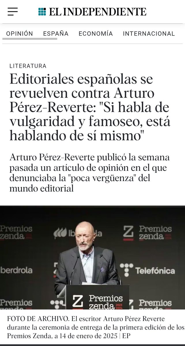 Bibliomaniatico's tweet photo. Artículo polémico el de Arturo Pérez Reverte "Las editoriales tienen muy poca vergüenza".

Editoriales responden: "Si habla de vulgaridad y famoso está hablando de si mismo". https://t.co/oXie1mYhwv