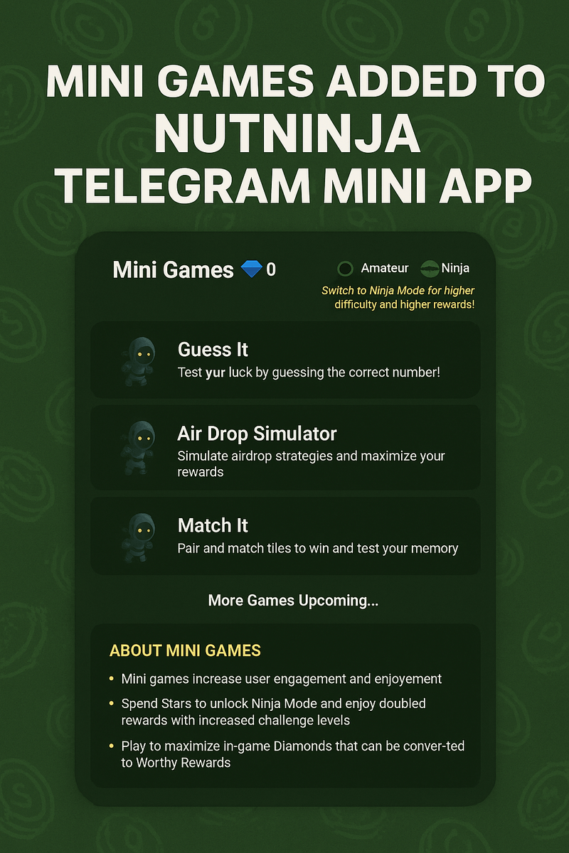 🎮 NEW FEATURE UNLOCKED — Mini Games are LIVE! 🥷✨

Time to level up your Nut Ninja grind with a whole new dimension of fun and rewards! 💎💎💎

⭐ Play daily to earn Diamonds, and turn them into Worthy Rewards!

#NutNinja #MiniGames #PlayAndEarn #TelegramGames #CryptoGaming