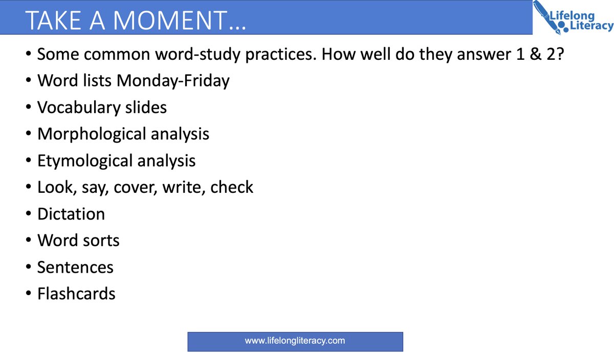 1. How are words built?
2. How do we remember them?

How well do the activities on the slides answer both questions? Because both questions, in my view, need to be asked and answered if we are going to teach the greatest number of children to read and write.

 #spelling