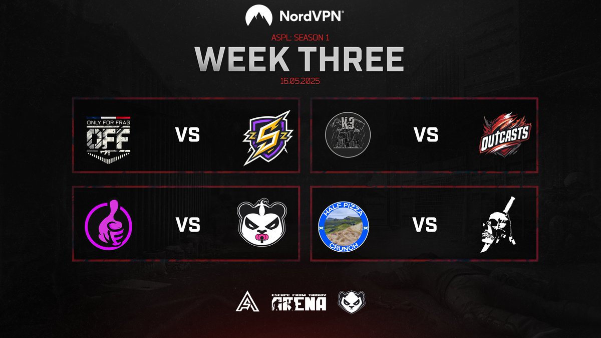 📆 Week 3 Schedule | ASPL S1
 
📍16.05.25 | 7PM BST on twitch.tv/ASPL_EFT
 
🆚 What match up are you looking forward to the most?
 
🛡️ Protect Your Digital Habitat: tinyurl.com/PandaricVPN

#ASPL #TarkovArena