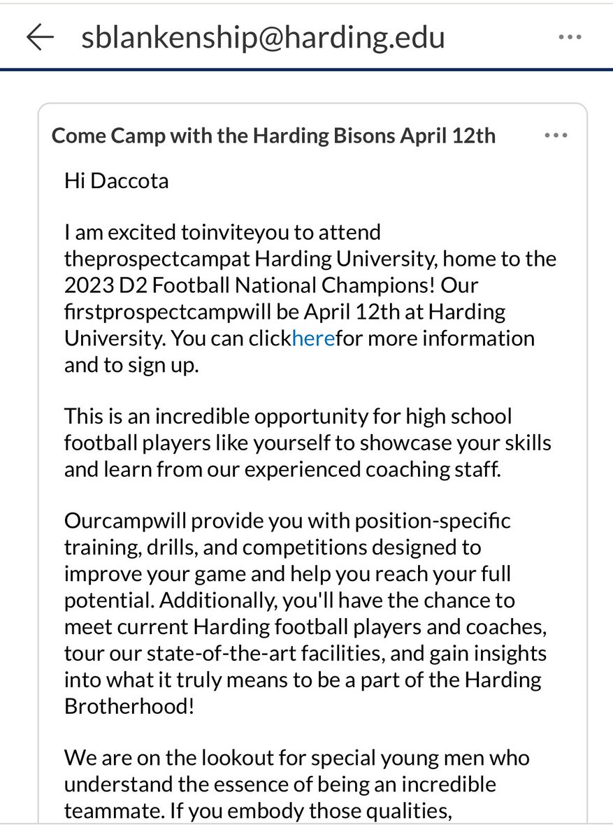 Daccota Stamback (@d_stamback2027) on Twitter photo Blessed <a href="/Coach_Blank/">Sam Blankenship</a> to receive a camp invite to <a href="/Harding_FB/">Harding Football</a> ! Looking forward to showing up and competing!
<a href="/QBHitList/">QBHitList.com</a> <a href="/MarketAthletes/">Market Athletes</a> <a href="/JPRockMO/">JP Rock</a> <a href="/WOWKCfootball/">WOWKC</a> <a href="/PlayBookAthlete/">PLAYBOOK ATHLETE</a> <a href="/scan1ansports/">ꜱᴄᴀɴʟᴀɴ ꜱᴘᴏʀᴛꜱ™️</a> <a href="/AlthausEJC/">Bill Althaus</a> <a href="/Football_Motiv/">Football✭Motivation ™️ 🏈Ⓜ️</a> <a href="/dreamallamerica/">Dream All-American</a> <a href="/quarterbackmag/">Quarterback Magazine</a> <a href="/6starfootballMO/">Six Star Football | MISSOURI</a> Blessed <a href="/Coach_Blank/">Sam Blankenship</a> to receive a camp invite to <a href="/Harding_FB/">Harding Football</a> ! Looking forward to showing up and competing!
<a href="/QBHitList/">QBHitList.com</a> <a href="/MarketAthletes/">Market Athletes</a> <a href="/JPRockMO/">JP Rock</a> <a href="/WOWKCfootball/">WOWKC</a> <a href="/PlayBookAthlete/">PLAYBOOK ATHLETE</a> <a href="/scan1ansports/">ꜱᴄᴀɴʟᴀɴ ꜱᴘᴏʀᴛꜱ™️</a> <a href="/AlthausEJC/">Bill Althaus</a> <a href="/Football_Motiv/">Football✭Motivation ™️ 🏈Ⓜ️</a> <a href="/dreamallamerica/">Dream All-American</a> <a href="/quarterbackmag/">Quarterback Magazine</a> <a href="/6starfootballMO/">Six Star Football | MISSOURI</a>
