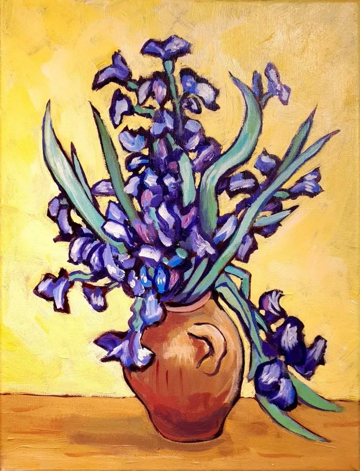 Driftingvision's tweet image. Study after Van Gogh of "Vase with Iris against a Yellow Background", acrylic.