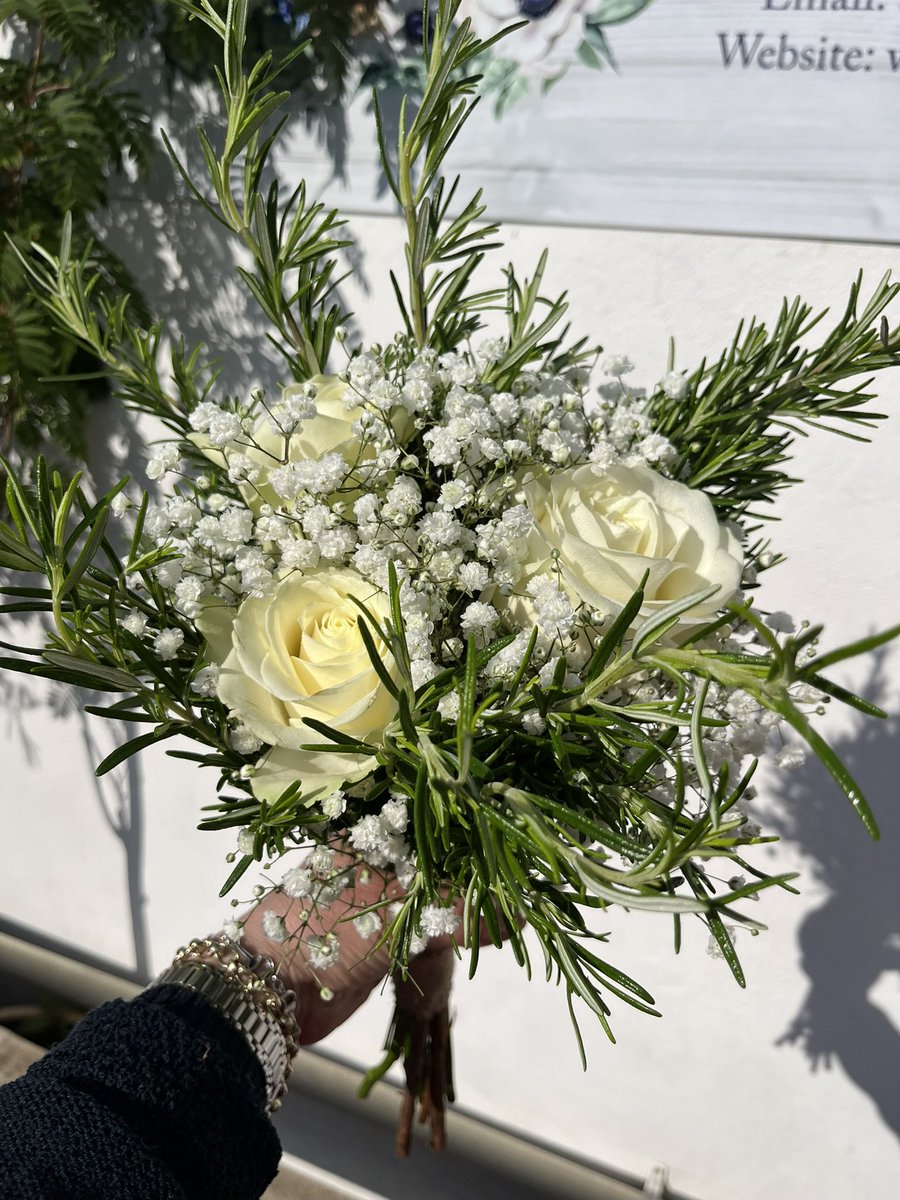 A wedding bouquet for a woodland wedding at The Woods at Oakley yesterday. 
So simple but so pretty 🤍
White roses, gypsophila &amp; Rosemary. 🤍