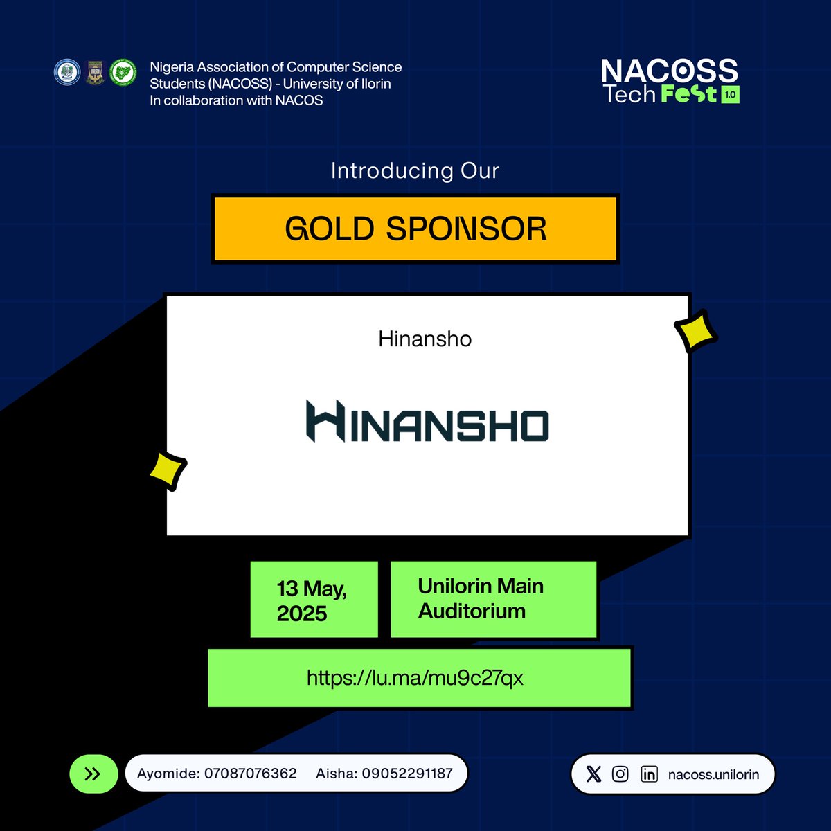 NACOSS_UIL's tweet image. We&apos;re excited to welcome @hinansho_ng as a Gold Sponsor for #NACOSSTechFest1_0!
Hinansho is dedicated to making homeownership and real estate investments accessible and stress-free for Nigerians.
Their innovative approach is transforming the real estate landscape.
#TechForGood