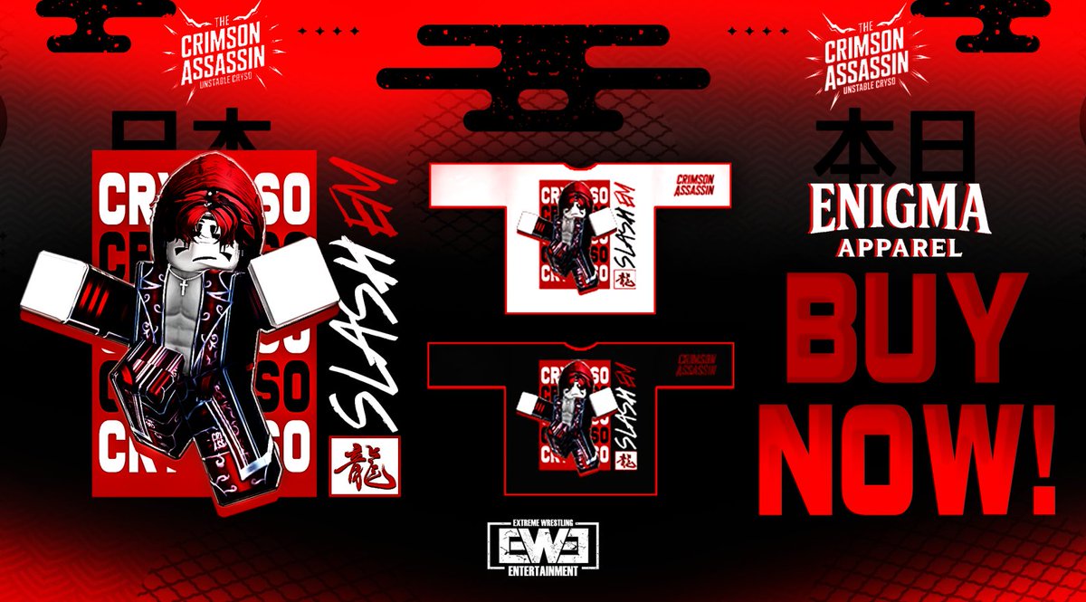 🚨 NEW MERCH DROP!  

<a href="/EWEPart2/">Extreme Wrestling Entertainment</a> United States Champion “The Crimson Assassin” <a href="/UnstableCryso/">UC</a> drops the "SLASH EM" tee!  

Available now at Enigma Apparel:   
👉 LINK 1: roblox.com/catalog/100886…
👉 LINK 2: roblox.com/catalog/122379…
