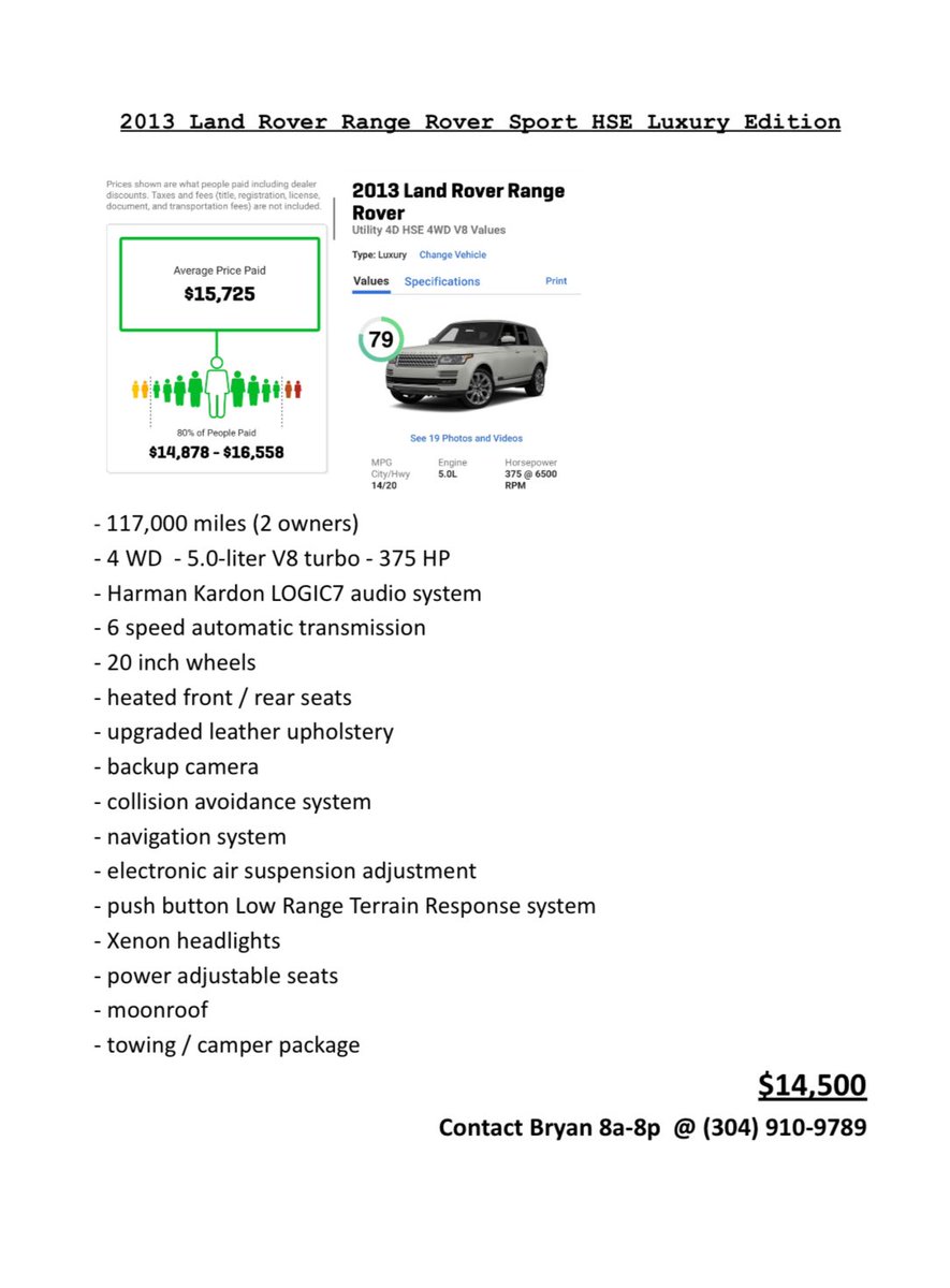 🚨*For Sale*🚨

🚗 - Range Rover Sport HSE Luxury Edition 

💰- $ 14,500 

📞 - 304-910-9789

Beautiful leather interior Harman Kardon sound system
She can GO! 🏎️ 💨 

More details below ⬇️