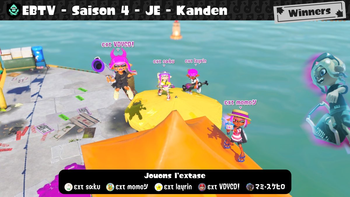 Jouons l'Extase termine 2e de d1 <a href="/eSportBrosTV/">eSportBrosTV (ebTV)</a> en gagnant son dernier match 4-1 contre Kanden ! 🫶🏻

<a href="/Saku_Sp3/">Saku</a> splash
<a href="/TentMan_/">layrin</a> tent
<a href="/PikaTweeka/">❄️Xjemomo🌼</a> pen
<a href="/splarc_/">Arc</a> sblast
<a href="/dragib3D/">dragib</a> bucket
<a href="/Raiki_spl/">Raiki</a> sword

Ggs à tous et merci pour la saison 😇🥹