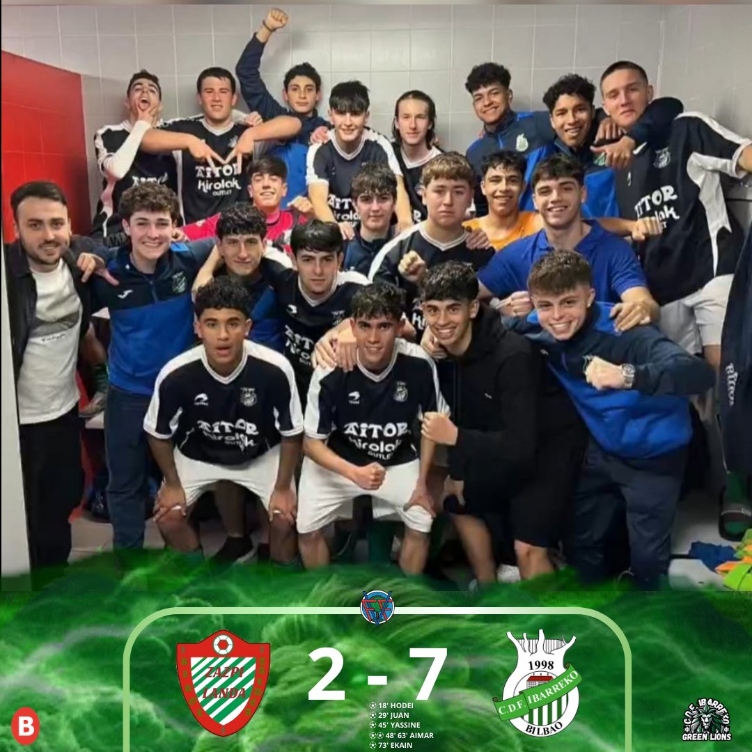 🟢⚪ JUVENIL B🟢⚪ 
Continuamos con opciones de ascenso!! ⚔️💪🏽
@zazpilanda  2️⃣ - 7️⃣ @cdf_ibarreko
⚽ 18' HODEI
⚽ 29' JUAN 
⚽ 45' YASSINE 
⚽⚽️ 48' 63' AIMAR 
⚽ 73' EKAIN 

Lan bikaina Juvenil B!!
Goazen IBARREKO!!
#Ibarreko 🟢⚪

#AupaIbarreko #BFF #FVF
#SanIgnacio #SanInazio