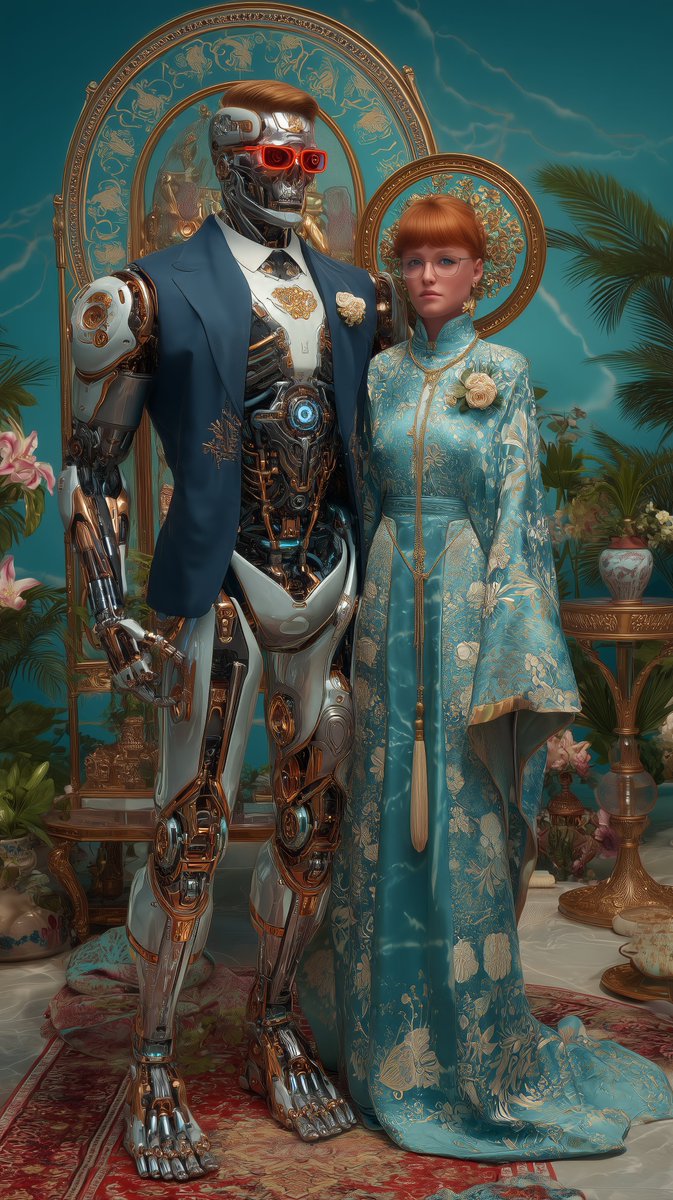 Dheepanratnam's tweet photo. ๐ค RoboWedding
โWhen wires wed with ancient grace,
Love transcends both time and place.โ
#AIart #MidJourney #AIbride #robotgroom https://t.co/7CyC9mBMJ8