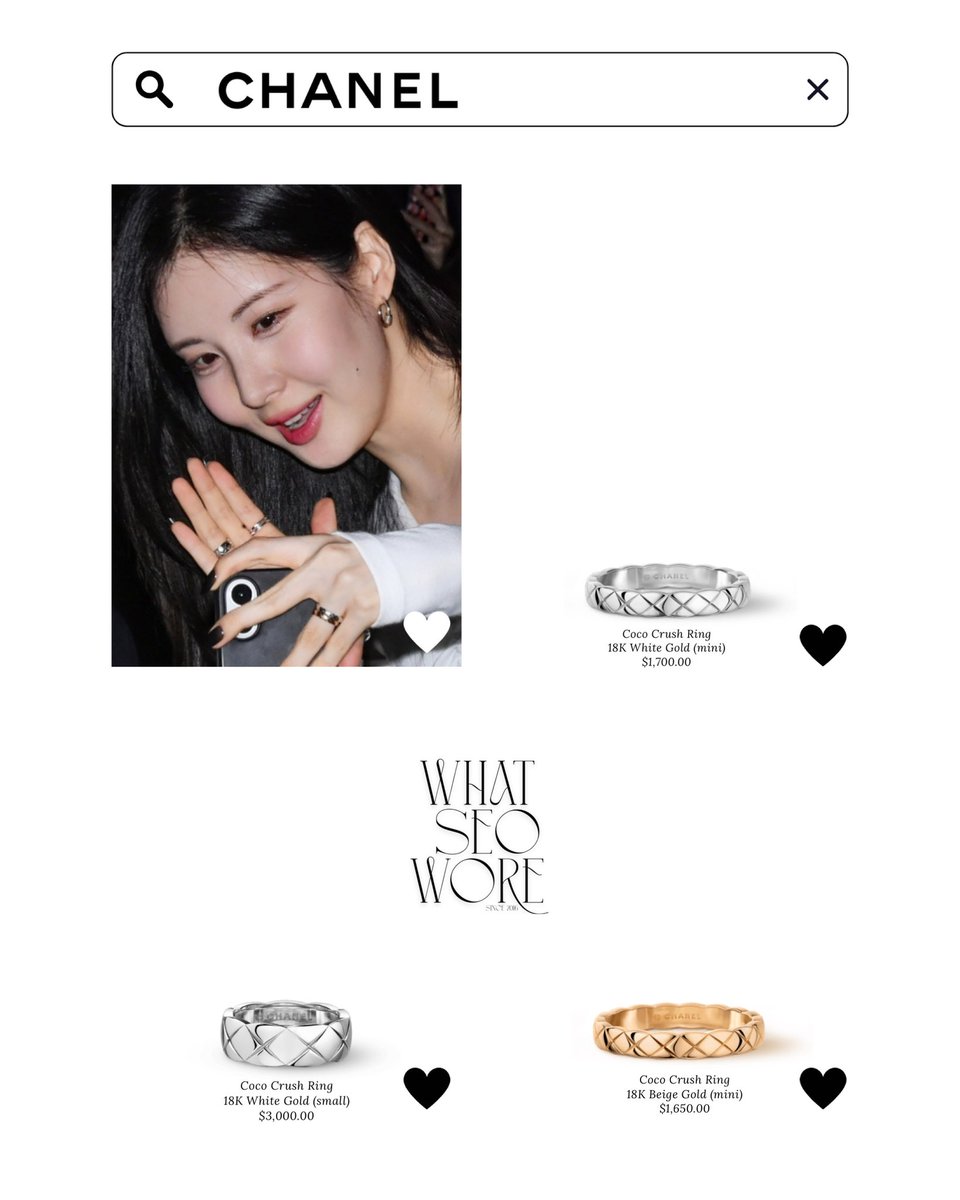Coco Crush Ring
18K White Gold (mini)
$1,700.00

Coco Crush Ring
18K White Gold (small)
$3,000.00

Coco Crush Ring
18K Beige Gold (mini)
$1,650.00

250511 'Holy Night: Demon Hunters' Stage Greeting

#whatseowore #seohyun #서현
