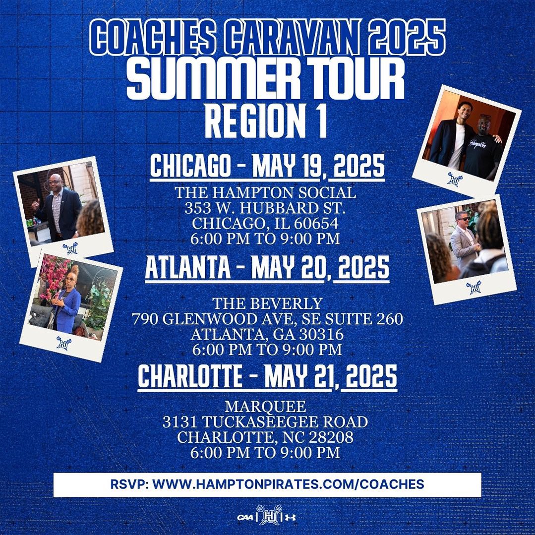 The Coaches Caravan Tour is coming! Mark your calendars and stay tuned to meet the Hampton Pirates’ coaches in your city! 📆

#WeAreHamptonU