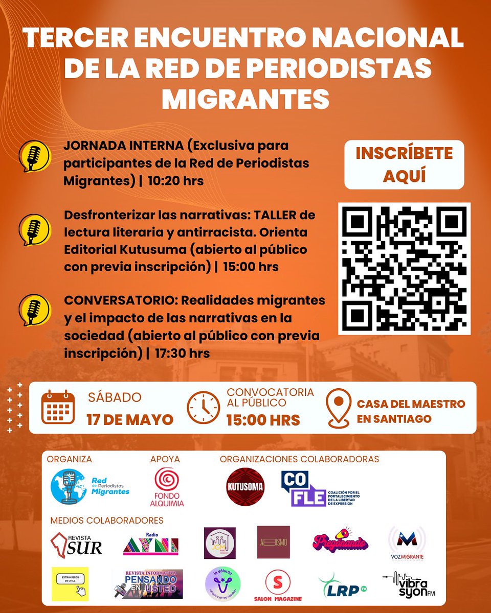 Conoce las actividades abiertas al público, y participa en el Encuentro Nacional de la Red de Periodistas Migrantes, el próximo sábado, 17 de mayo en #Santiago.  📲Inscríbete AQUÍ forms.gle/ANUFwB4edUe7r7…