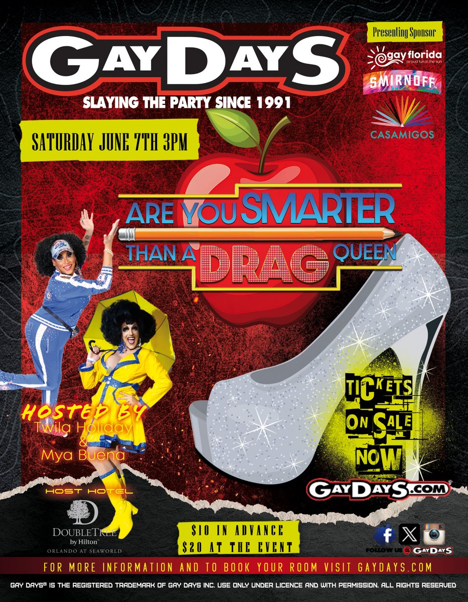 GayDays® (@gaydays) on Twitter photo TONIGHT at 3PM
Ready for a challenge? Dive into the quiz "Are You Smarter Than a Drag Queen," hosted by Twila Holiday and Mya Buena Andrews. It’s a fun way to test your knowledge and see how much you really know. How many can you get right? <a href="/TwilaHoliday/">Twila Holiday</a> TONIGHT at 3PM
Ready for a challenge? Dive into the quiz "Are You Smarter Than a Drag Queen," hosted by Twila Holiday and Mya Buena Andrews. It’s a fun way to test your knowledge and see how much you really know. How many can you get right? <a href="/TwilaHoliday/">Twila Holiday</a>