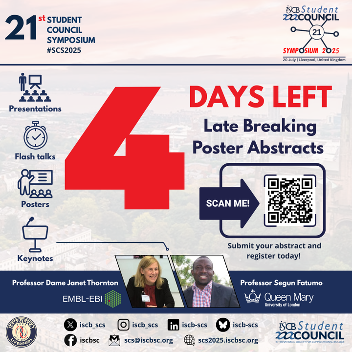 ⏰ Only 4 days left to submit your poster abstract for #SCS2025! 
🚨 Don’t miss your chance to present your research! 
🔗easychair.org/cfp/ismbeccb20…
🗓️ Abstract deadline: May 15🗓️
📌Liverpool, UK | Virtual 
#bioinformatics #computationalbiology #research #conference