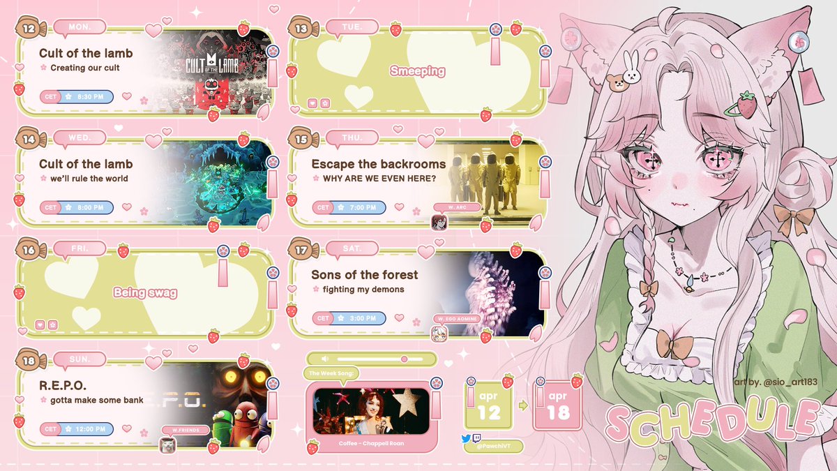 STREAM SCHEDULE •ᴗ•

⋆｡‧˚ʚ may 12 - may 18 ɞ˚‧｡⋆

♡ #pawchedule
♡ #nanastudioo

i hope to see you there ❤︎