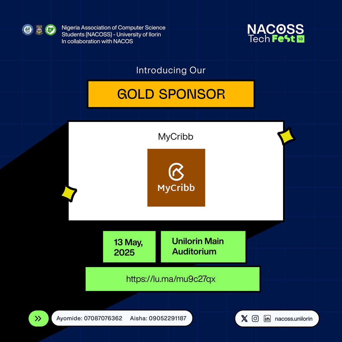 NACOSS_UIL's tweet image. We&apos;re thrilled to have MyCribb as a Gold Sponsor at #NACOSSTechFest1_0!
@mycribbb is transforming short-term rentals in Lagos with verified listings, AI-powered search, and instant bookings.
Say goodbye to scams and hello to seamless stays.

#TechFest link in Bio go register now!