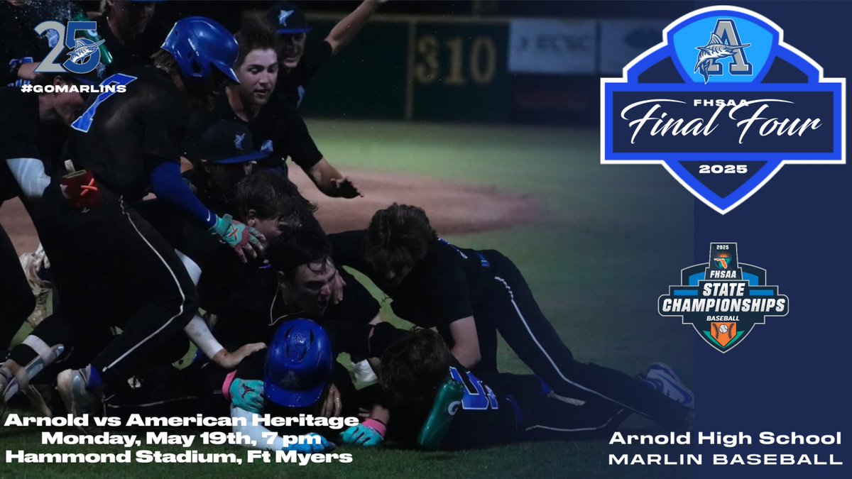 The Final Four bracket has been set.  Arnold will play American Heritage at 7 pm (6 pm local time time) in the FHSAA Final Four Semifinal Championship Game.  Let’s #GoMarlins