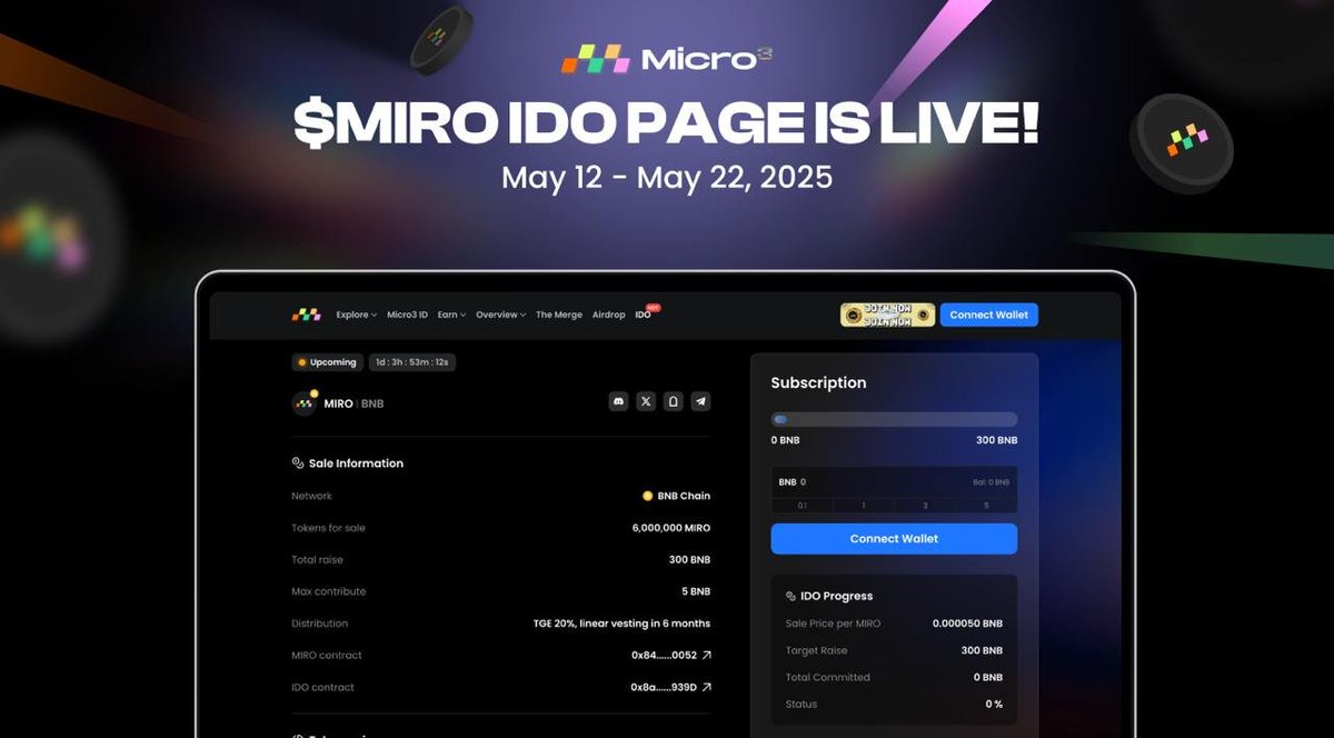 BasyonTech's tweet image. It’s LIVE! The #Micro3 Quest has officially launched 🚨💥

You can earn $MIRO and get in early before the IDO is here.
✅ Complete the quest
🎁 Claim 10 $MIRO

Check out the IDO page now and get ready to secure your spot early 👉 micro3.io/ido

Don’t sleep on this