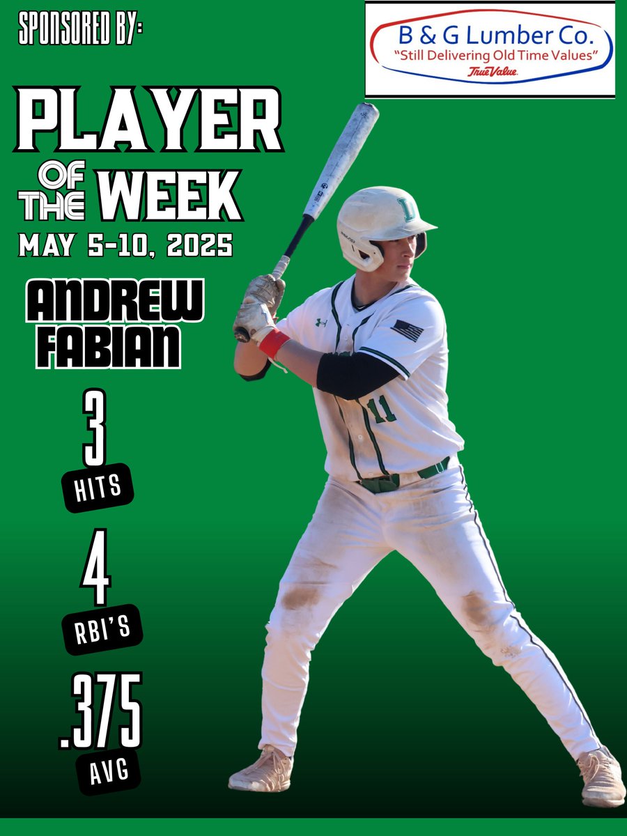 POTW for May 5-10 is sponsored by our Silver Sponsor: B&amp;G Lumber Co. Junior <a href="/AndrewF30861686/">Andrew Fabian</a> had 3H and 4RBI's with a .375 batting avg., helping Donegal punch their ticket to the LL League Semifinals against Hempfield for the first time in over a decade. Clutch when it counts💪