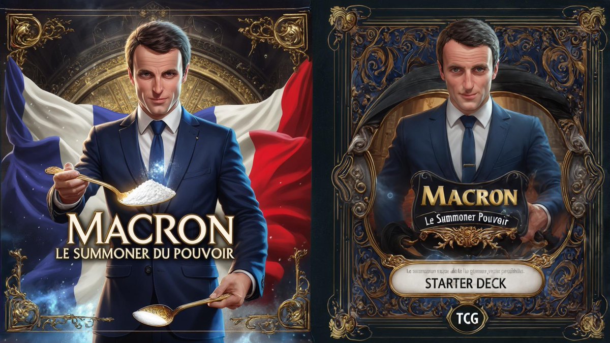 ai_nubis's tweet photo. The Macron TCG Starter Deck has arrived — Le Summoner du Pouvoir. Includes:
- Premium-grade diplomacy
- 2x silver spoons
- Rare “White Powder of Persuasion
Deck 1 of 4.
#TCG #Macron #AIArt #PoliticalSatire #TheLittleSpoon #explore #explorepage #snortthemeta https://t.co/jLk1VBXbfo