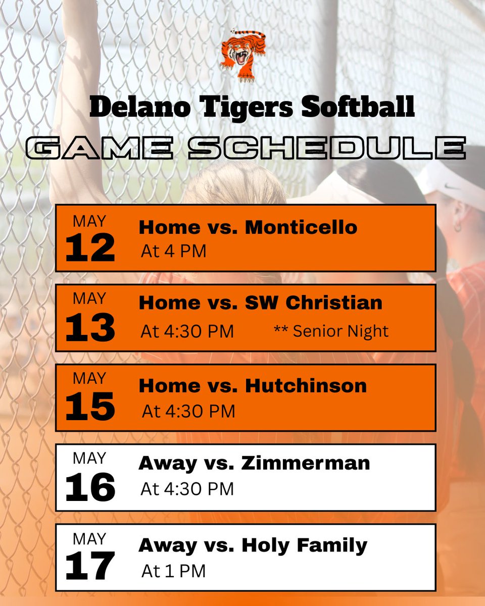 Heading into Week #6🤝 Here’s the Varsity schedule for the upcoming week! 

#GoTigers #DelanoSoftball